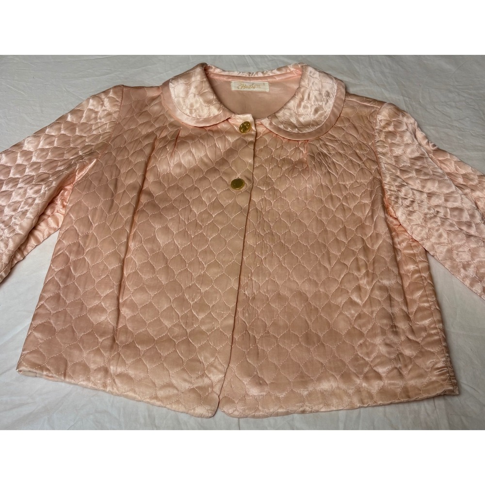 Vintage Barbizon Puffett Pink Quilted Satin Bed Jacket Peter Pan Collar Small